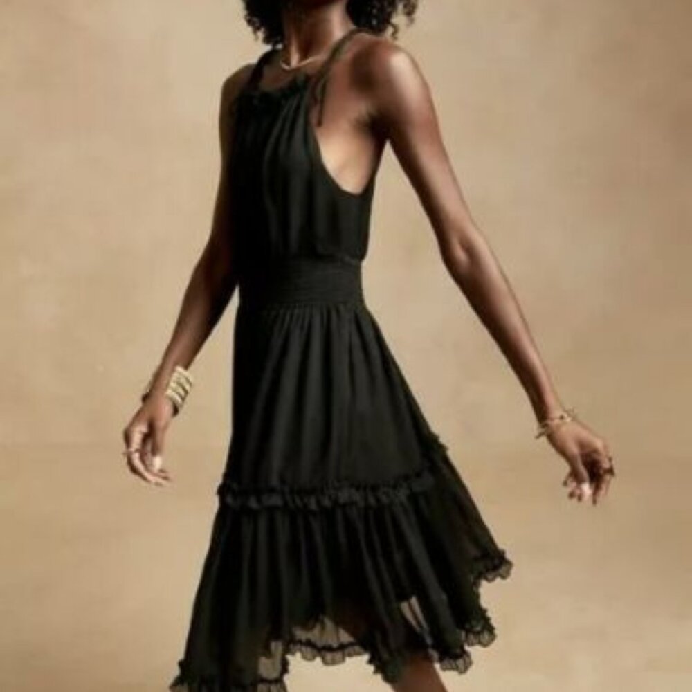 NWT Banana Republic Black Halter Crepe Chiffon Ruffled Mini Resort Dress M